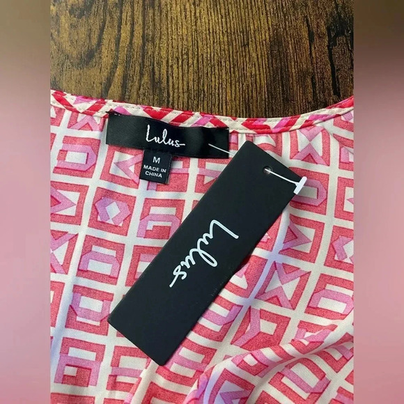 Lulus Red Multi Print Satin Short Sleeve Wrap Top - Picture 8 of 12